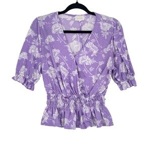 Melloday Womens V-Neck Puff Sleeve Lilac Floral Peplum Fairy Core‎ Blouse Medium
